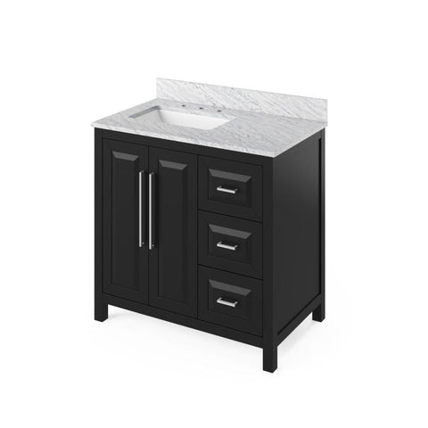 Image of Jeffrey Alexander Cade Contemporary 36" Black Single Undermount Sink Vanity With Marble Top, Left Offset | VKITCAD36BKWCR VKITCAD36BKWCR