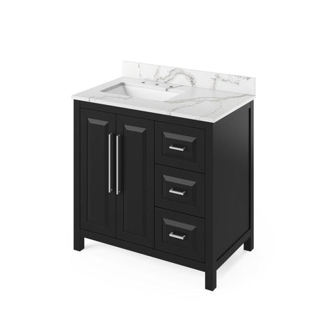 Image of Jeffrey Alexander Cade Contemporary 36" Black Single Undermount Sink Vanity With Quartz Top, Left Offset | VKITCAD36BKCQR