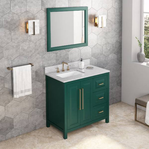 Image of Jeffrey Alexander Cade Contemporary 36" Forest Green Single Undermount Sink Vanity With Marble Top, Left Offset | VKITCAD36GNWCR VKITCAD36GNWCR