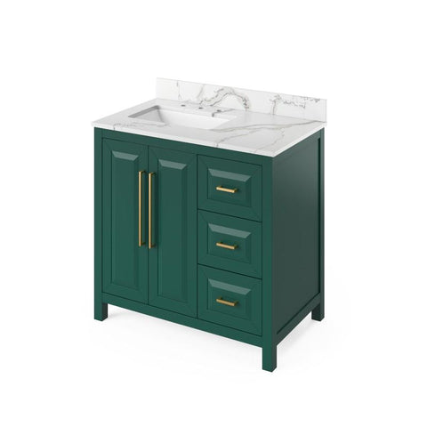 Image of Jeffrey Alexander Cade Contemporary 36" Forest Green Single Undermount Sink Vanity With Quartz Top, Left Offset | VKITCAD36GNCQR VKITCAD36GNCQR