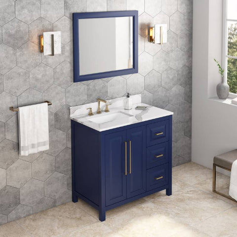 Image of Jeffrey Alexander Cade Contemporary 36" Hale Blue Single Undermount Sink Vanity With Quartz Top, Left Offset | VKITCAD36BLCQR VKITCAD36BLCQR