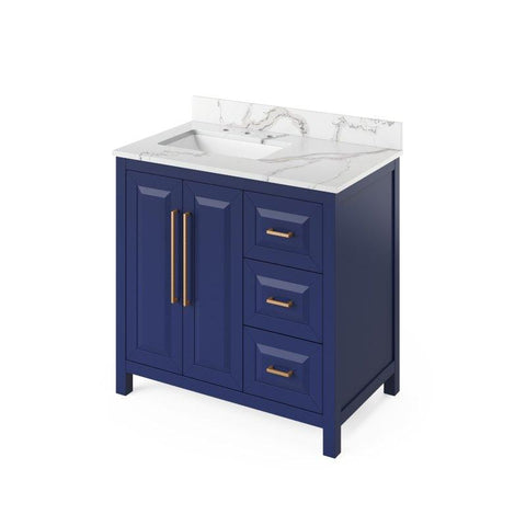 Image of Jeffrey Alexander Cade Contemporary 36" Hale Blue Single Undermount Sink Vanity With Quartz Top, Left Offset | VKITCAD36BLCQR VKITCAD36BLCQR