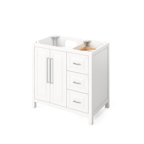Image of Jeffrey Alexander Cade Contemporary 36" White Single Undermount Sink Vanity With Marble Top, Left Offset | VKITCAD36WHWCR VKITCAD36WHWCR