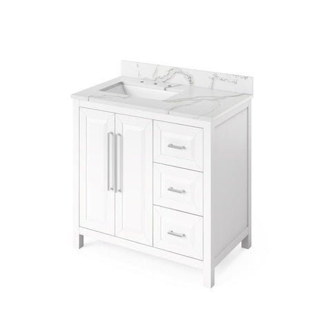 Image of Jeffrey Alexander Cade Contemporary 36" White Single Undermount Sink Vanity With Quartz Top, Left Offset | VKITCAD36WHCQR VKITCAD36WHCQR