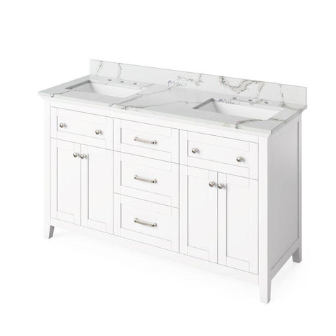 Image of Jeffrey Alexander Chatham Traditional 60" White Double Undermount Sink Vanity With Quartz Top | VKITCHA60WHCQR VKITCHA60WHCQR
