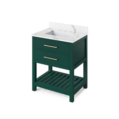 Image of Jeffrey Alexander Wavecrest Contemporary 30" Forest Green Single Undermount Sink Vanity With Quartz Top | VKITWAV30GNCQR VKITWAV30GNCQR
