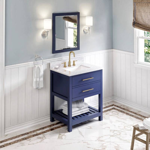 Image of Jeffrey Alexander Wavecrest Contemporary 30" Hale Blue Single Undermount Sink Vanity With Marble Top | VKITWAV30BLWCR VKITWAV30BLWCR
