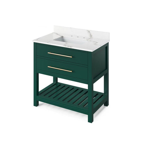 Image of Jeffrey Alexander Wavecrest Contemporary 36" Forest Green Single Undermount Sink Vanity With Quartz Top | VKITWAV36GNCQR VKITWAV36GNCQR