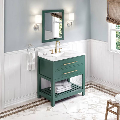 Image of Jeffrey Alexander Wavecrest Contemporary 36" Forest Green Single Undermount Sink Vanity With Quartz Top | VKITWAV36GNCQR VKITWAV36GNCQR