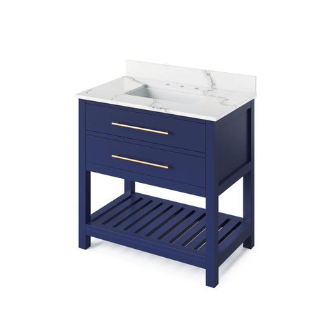 Image of Jeffrey Alexander Wavecrest Contemporary 36" Hale Blue Single Undermount Sink Vanity With Quartz Top | VKITWAV36BLCQR VKITWAV36BLCQR