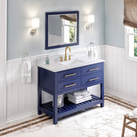 Image of Jeffrey Alexander Wavecrest Contemporary 48" Hale Blue Single Undermount Sink Vanity With Marble Top | VKITWAV48BLWCR VKITWAV48BLWCR