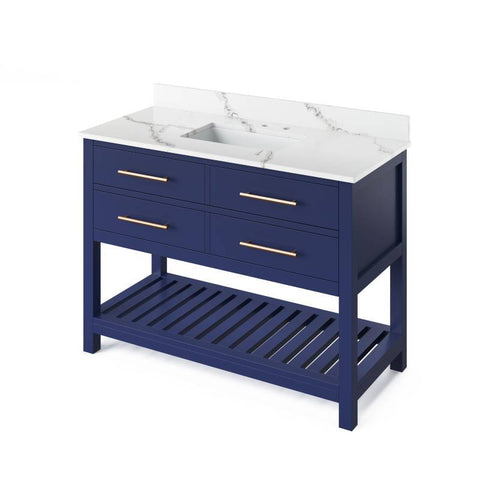 Image of Jeffrey Alexander Wavecrest Contemporary 48" Hale Blue Single Undermount Sink Vanity With Quartz Top | VKITWAV48BLCQR VKITWAV48BLCQR