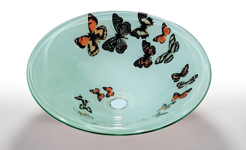 Image of Legion ZA-107 Tempered Glass 1/2" Thick, 16.5" Diameter, 5.5" Height Matching Chrome Pop-Up Drain and Mounting Ring - Butterfly and Green ZA-107