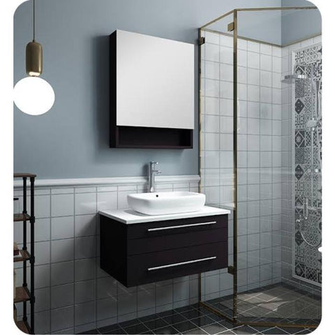 Image of Lucera 30" Espresso Modern Wall Hung Vessel Sink Bathroom Vanity w/ Medicine Cabinet