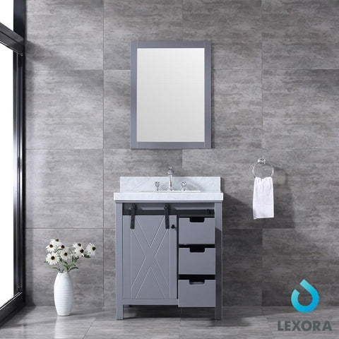 Image of Marsyas 30" Dark Grey Single Vanity | White Carrara Marble Top | White Square Sink and 28" Mirror