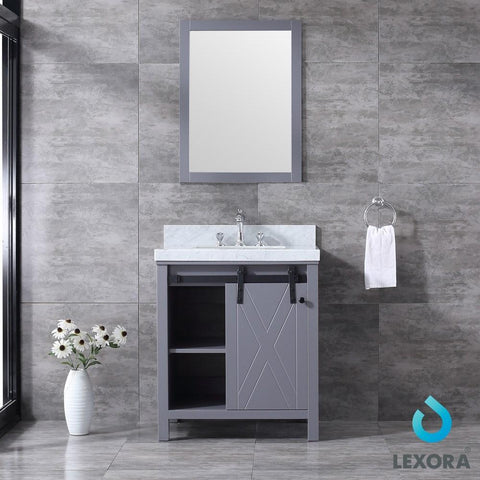 Image of Marsyas 30" Dark Grey Single Vanity | White Carrara Marble Top | White Square Sink and 28" Mirror