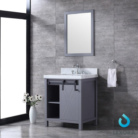 Image of Marsyas 30" Dark Grey Single Vanity | White Carrara Marble Top | White Square Sink and 28" Mirror