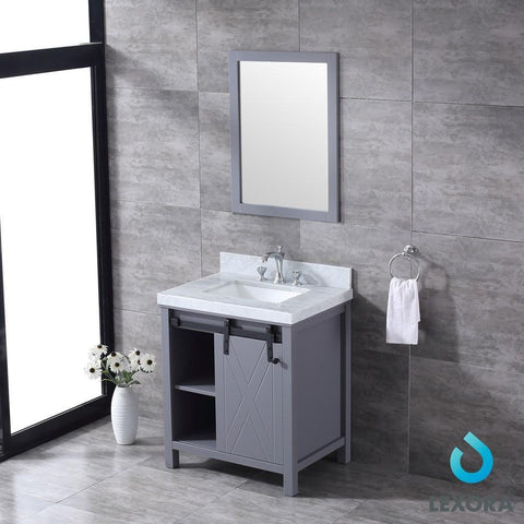 Image of Marsyas 30" Dark Grey Single Vanity | White Carrara Marble Top | White Square Sink and 28" Mirror