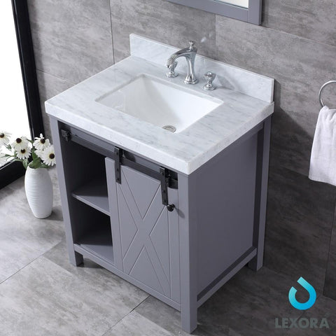 Image of Marsyas 30" Dark Grey Single Vanity | White Carrara Marble Top | White Square Sink and 28" Mirror
