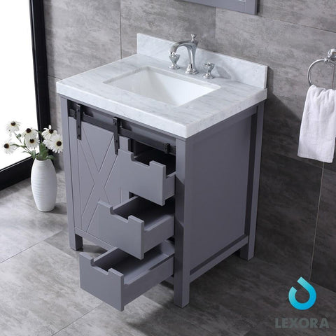 Image of Marsyas 30" Dark Grey Single Vanity | White Carrara Marble Top | White Square Sink and 28" Mirror