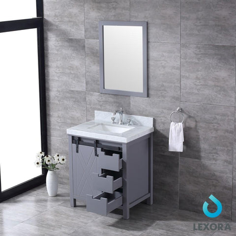 Image of Marsyas 30" Dark Grey Single Vanity | White Carrara Marble Top | White Square Sink and 28" Mirror