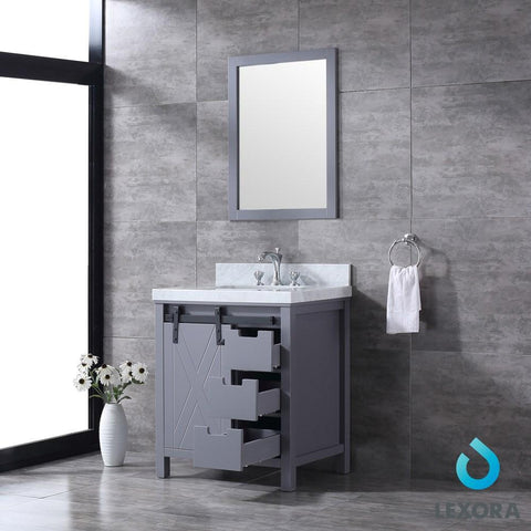 Image of Marsyas 30" Dark Grey Single Vanity | White Carrara Marble Top | White Square Sink and 28" Mirror