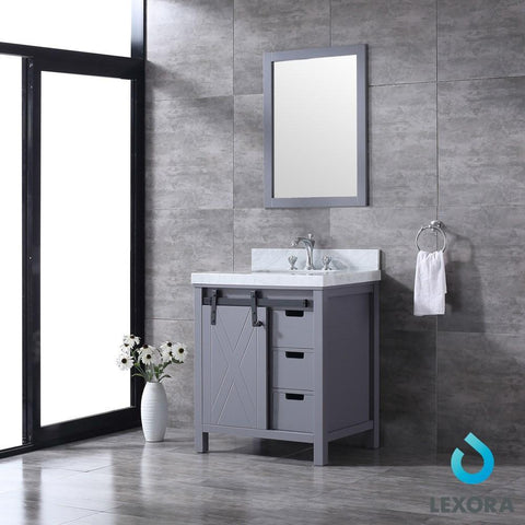 Image of Marsyas 30" Dark Grey Single Vanity | White Carrara Marble Top | White Square Sink and 28" Mirror