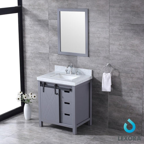 Image of Marsyas 30" Dark Grey Single Vanity | White Carrara Marble Top | White Square Sink and 28" Mirror