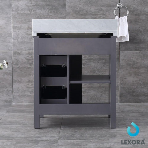 Image of Marsyas 30" Dark Grey Single Vanity | White Carrara Marble Top | White Square Sink and 28" Mirror