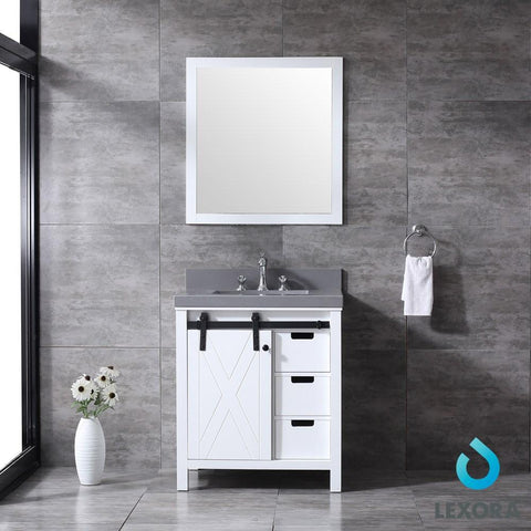 Image of Marsyas 30" White Single Vanity | Grey Quartz Top | White Square Sink and 28" Mirror
