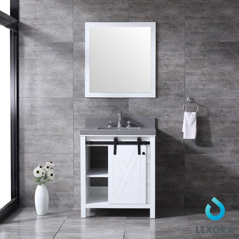 Image of Marsyas 30" White Single Vanity | Grey Quartz Top | White Square Sink and 28" Mirror