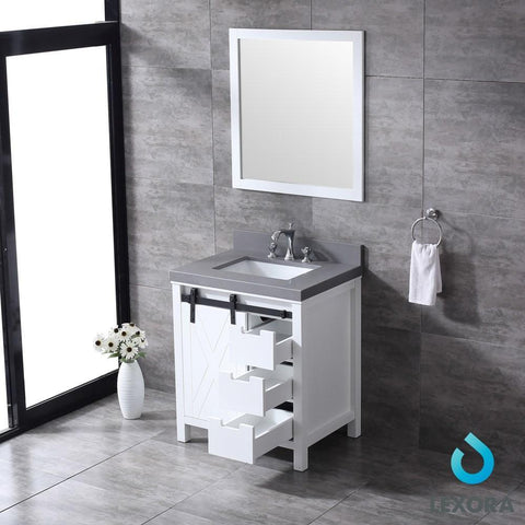Image of Marsyas 30" White Single Vanity | Grey Quartz Top | White Square Sink and 28" Mirror