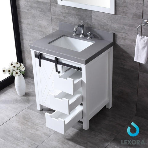 Image of Marsyas 30" White Single Vanity | Grey Quartz Top | White Square Sink and 28" Mirror