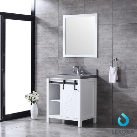 Image of Marsyas 30" White Single Vanity | Grey Quartz Top | White Square Sink and 28" Mirror