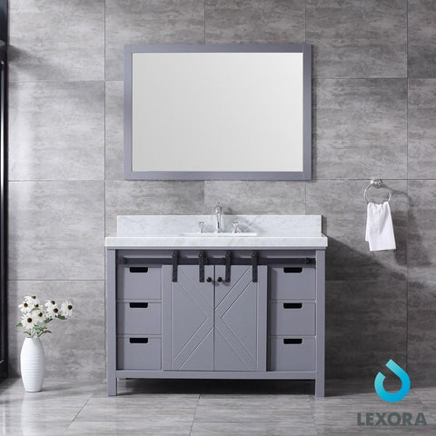 Image of Marsyas 48" Dark Grey Single Vanity | White Carrara Marble Top | White Square Sink and 44" Mirror
