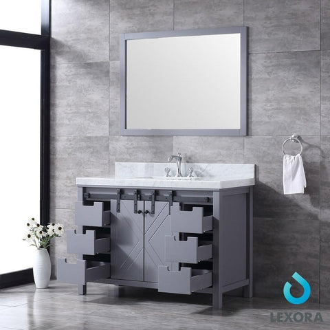 Image of Marsyas 48" Dark Grey Single Vanity | White Carrara Marble Top | White Square Sink and 44" Mirror