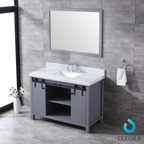 Image of Marsyas 48" Dark Grey Single Vanity | White Carrara Marble Top | White Square Sink and 44" Mirror