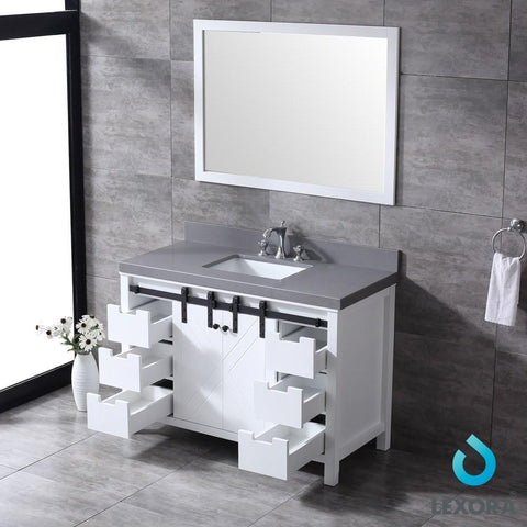 Image of Marsyas 48" White Single Vanity | Grey Quartz Top | White Square Sink and 44" Mirror