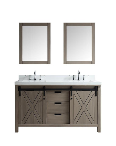 Image of Marsyas 60" Ash Grey Double Vanity | White Quartz Top | White Square Sinks and 24" Mirrors