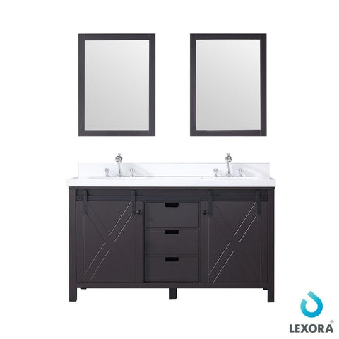 Image of Marsyas 60" Brown Double Vanity | White Quartz Top | White Square Sinks and 24" Mirrors