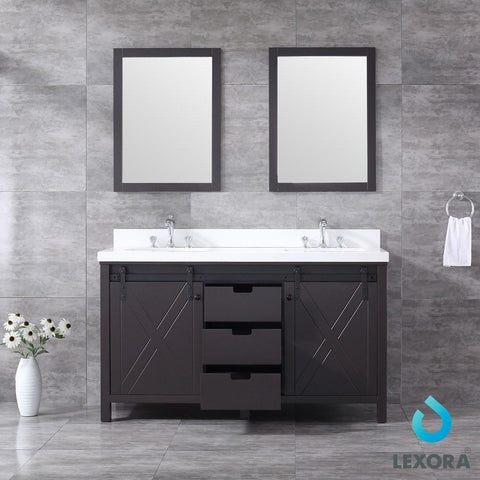 Image of Marsyas 60" Brown Double Vanity | White Quartz Top | White Square Sinks and 24" Mirrors