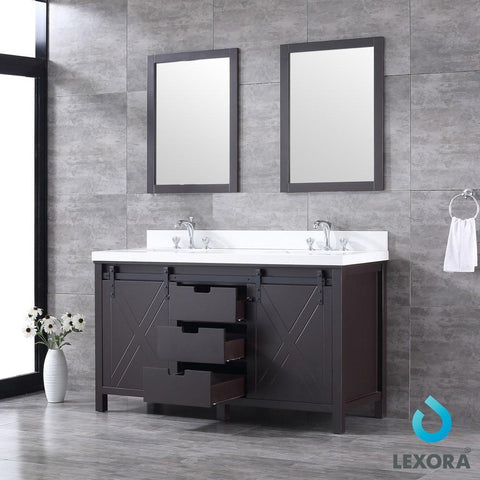 Image of Marsyas 60" Brown Double Vanity | White Quartz Top | White Square Sinks and 24" Mirrors