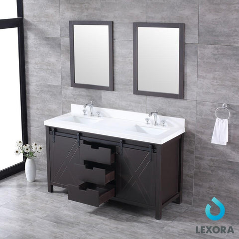 Image of Marsyas 60" Brown Double Vanity | White Quartz Top | White Square Sinks and 24" Mirrors