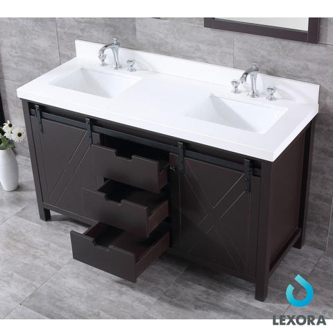 Image of Marsyas 60" Brown Double Vanity | White Quartz Top | White Square Sinks and 24" Mirrors