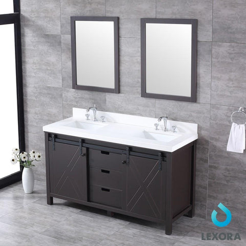 Image of Marsyas 60" Brown Double Vanity | White Quartz Top | White Square Sinks and 24" Mirrors