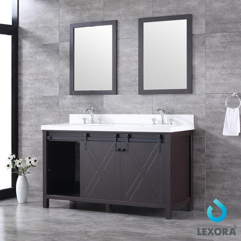 Image of Marsyas 60" Brown Double Vanity | White Quartz Top | White Square Sinks and 24" Mirrors