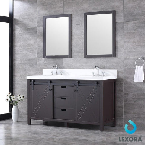 Image of Marsyas 60" Brown Double Vanity | White Quartz Top | White Square Sinks and 24" Mirrors