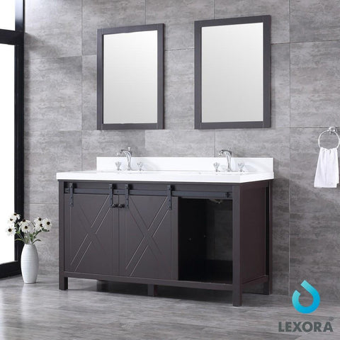 Image of Marsyas 60" Brown Double Vanity | White Quartz Top | White Square Sinks and 24" Mirrors