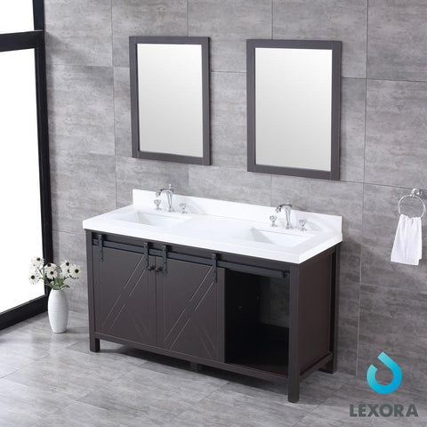 Image of Marsyas 60" Brown Double Vanity | White Quartz Top | White Square Sinks and 24" Mirrors