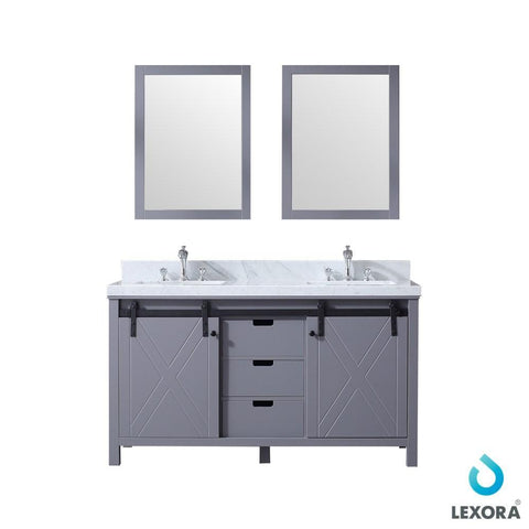 Image of Marsyas 60" Dark Grey Double Vanity | White Carrara Marble Top | White Square Sinks and 24" Mirrors